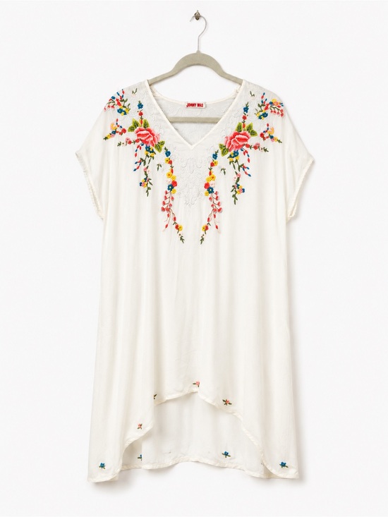 Johnny Was Tops - Johnny Was White Embroidered V-Neck Tunic Top with Floral Accents